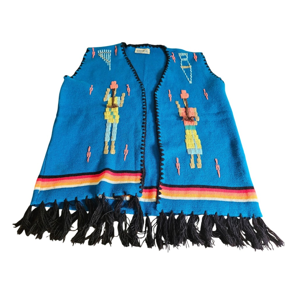 Disneyland Knit Vest Women One Size Blue Vintage Ecuador Fringe Embroidered